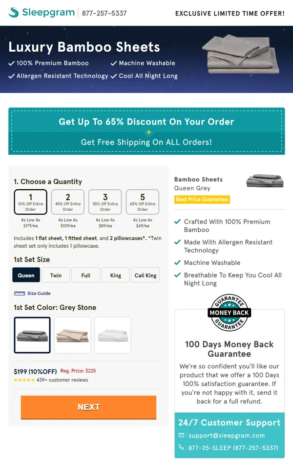 Sleepgram official checkout page with quantity, size and color selection